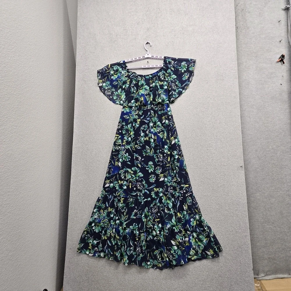 Donna‎ Morgan Women Dress 4 Navy Floral Maxi Milkmaid Chiffon Cottagecore NWT